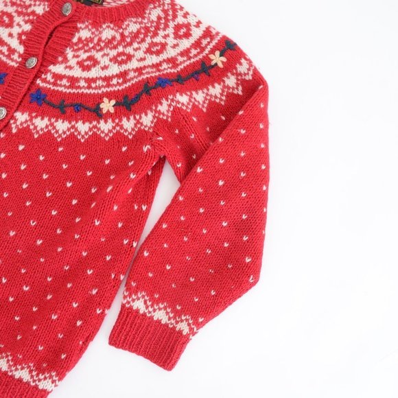Vintage 80s Eddie Bauer Red with Winter Design 100% Wool Button Up Cardigan Smal - Picture 5 of 15